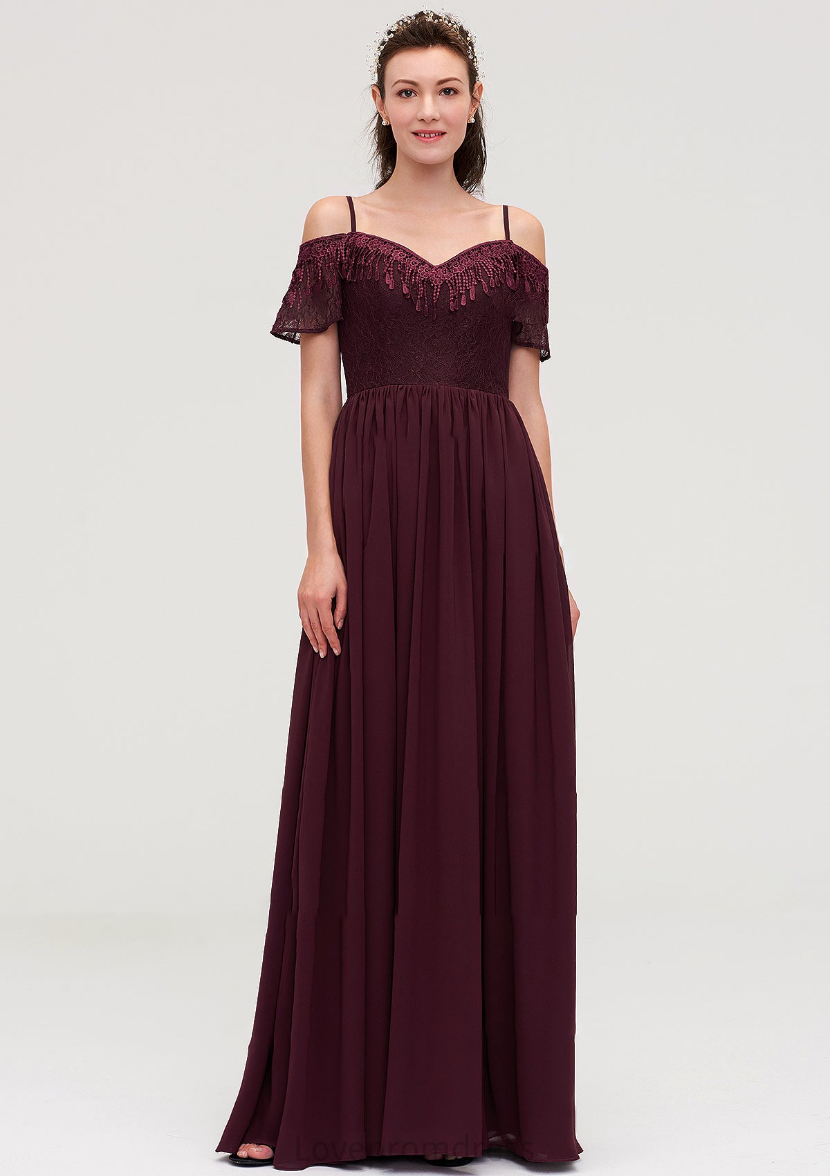 Off-the-Shoulder Sleeveless Chiffon A-line/Princess Long/Floor-Length Bridesmaid Dresseses With Lace Everleigh DYP0025449