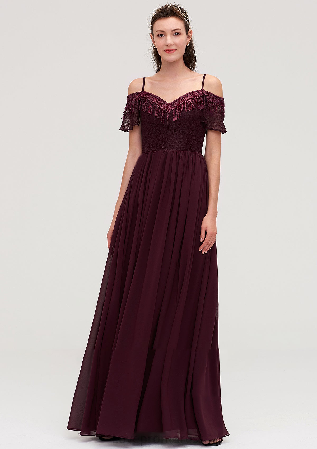 Off-the-Shoulder Sleeveless Chiffon A-line/Princess Long/Floor-Length Bridesmaid Dresseses With Lace Everleigh DYP0025449