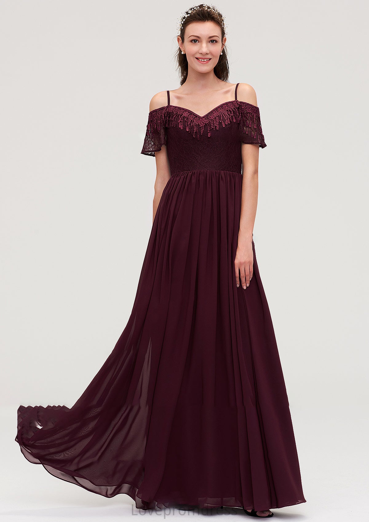 Off-the-Shoulder Sleeveless Chiffon A-line/Princess Long/Floor-Length Bridesmaid Dresseses With Lace Everleigh DYP0025449