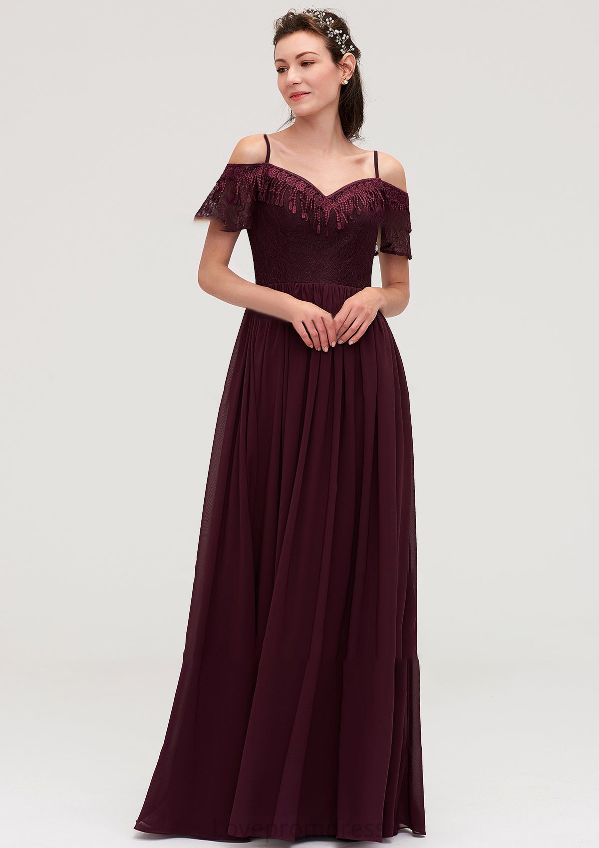 Off-the-Shoulder Sleeveless Chiffon A-line/Princess Long/Floor-Length Bridesmaid Dresseses With Lace Everleigh DYP0025449