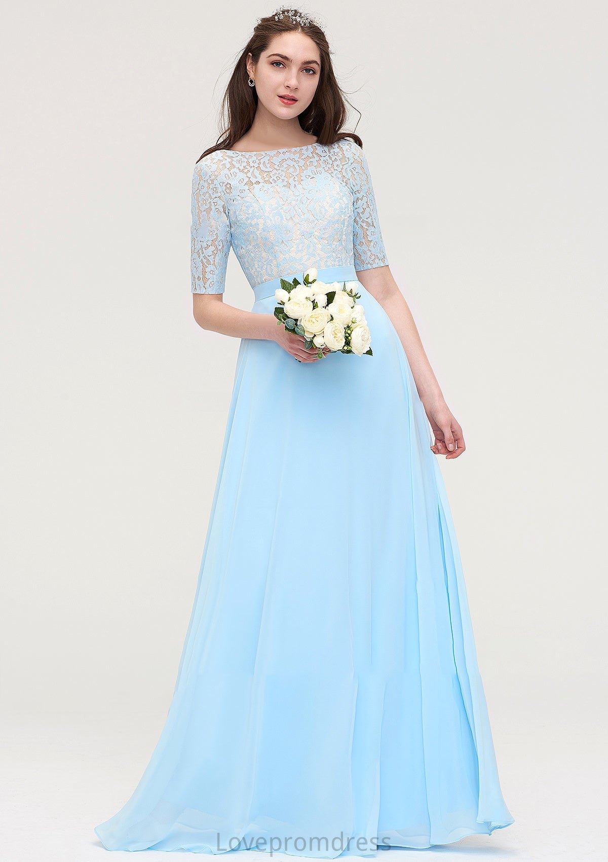 Half Sleeve Long/Floor-Length Bateau Chiffon A-line/Princess Bridesmaid Dresses With Lace Carlie DYP0025450