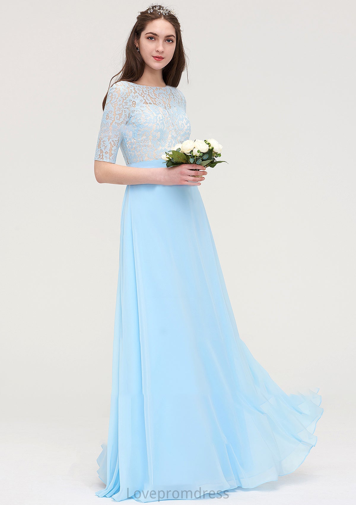 Half Sleeve Long/Floor-Length Bateau Chiffon A-line/Princess Bridesmaid Dresses With Lace Carlie DYP0025450