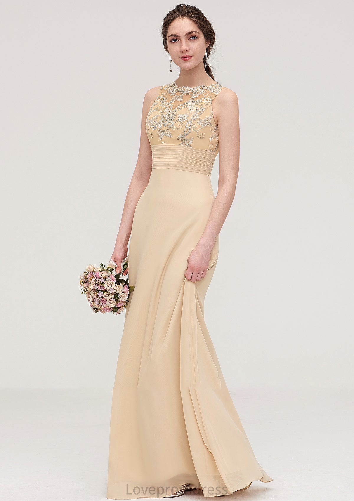 Sleeveless Halter Open Back Long/Floor-Length Sheath/Column Chiffon Bridesmaid Dresses With Pleated Lace Saige DYP0025451