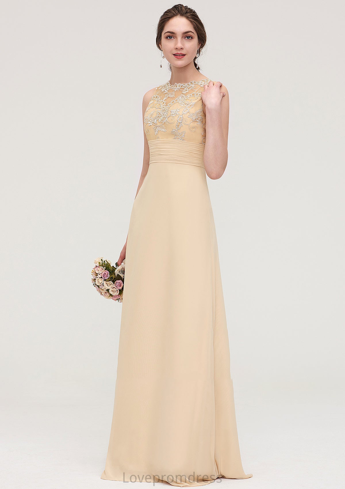 Sleeveless Halter Open Back Long/Floor-Length Sheath/Column Chiffon Bridesmaid Dresses With Pleated Lace Saige DYP0025451