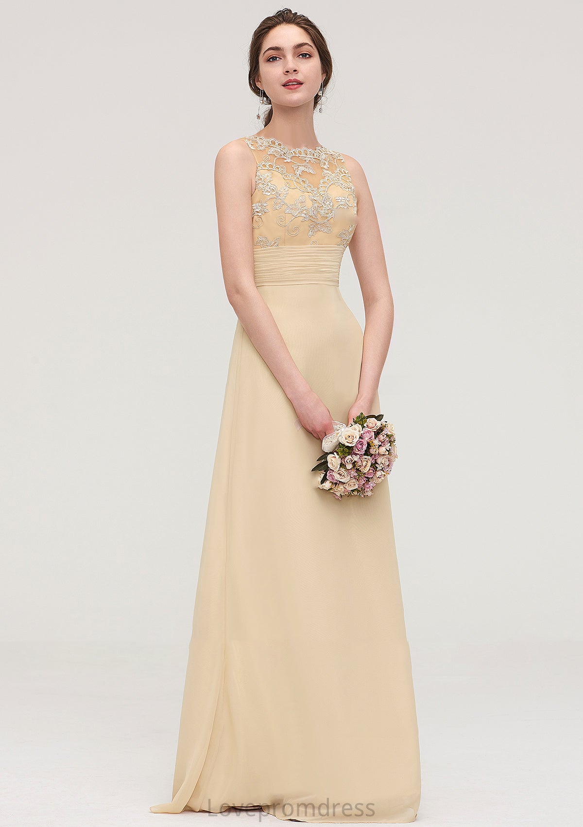 Sleeveless Halter Open Back Long/Floor-Length Sheath/Column Chiffon Bridesmaid Dresses With Pleated Lace Saige DYP0025451