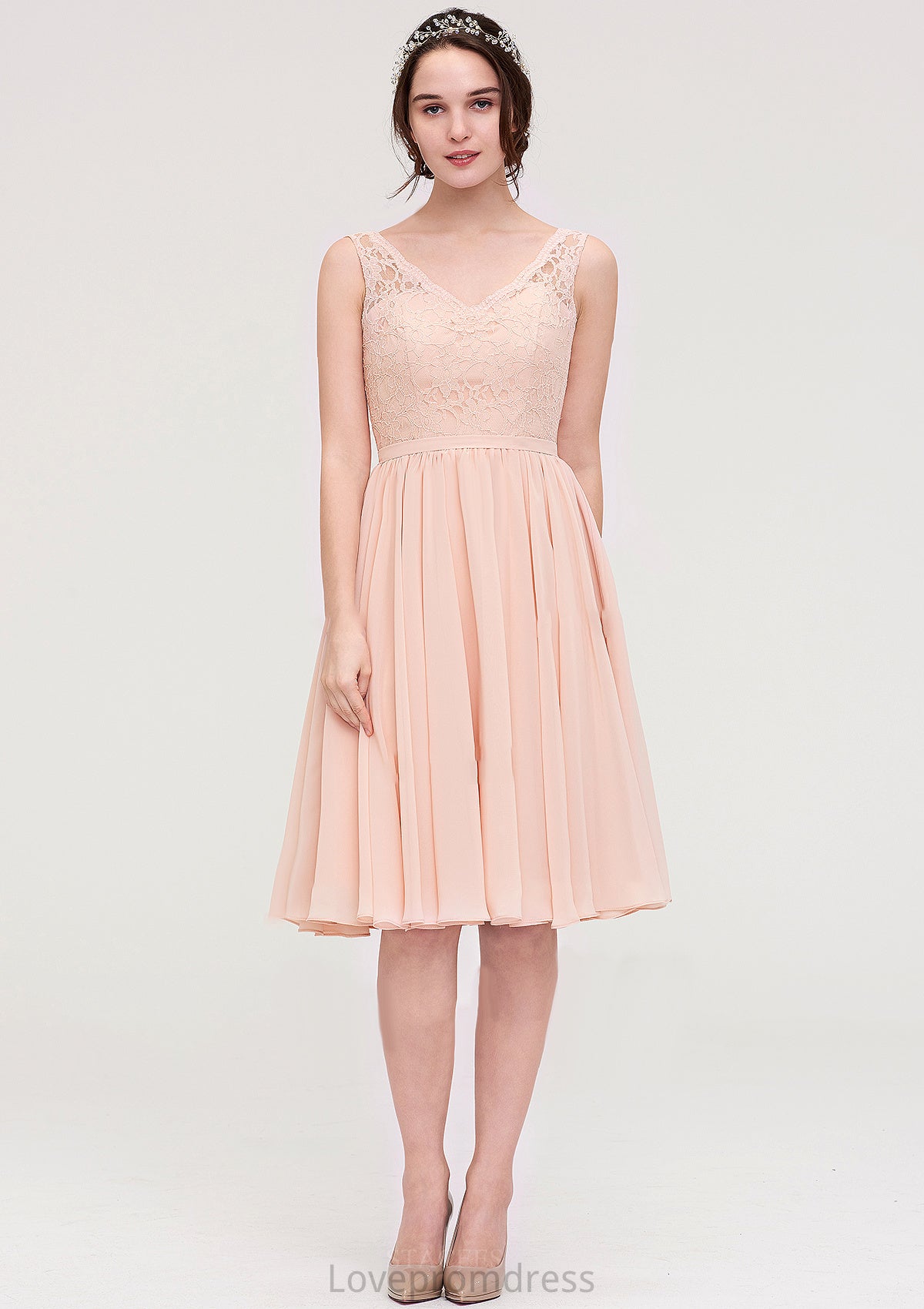 Sleeveless V Neck A-line/Princess Chiffon Knee-Length Bridesmaid Dresses With Lace Quinn DYP0025453