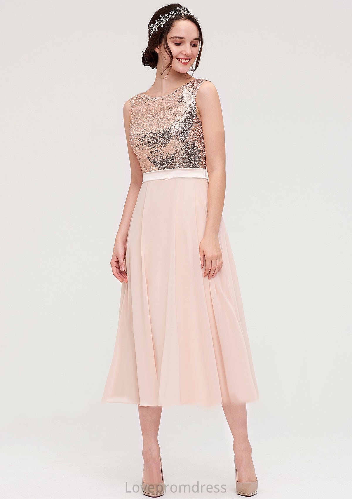 Sleeveless Bateau Chiffon A-line/Princess Bridesmaid Dresses With Sashes Sequins Hortensia DYP0025454