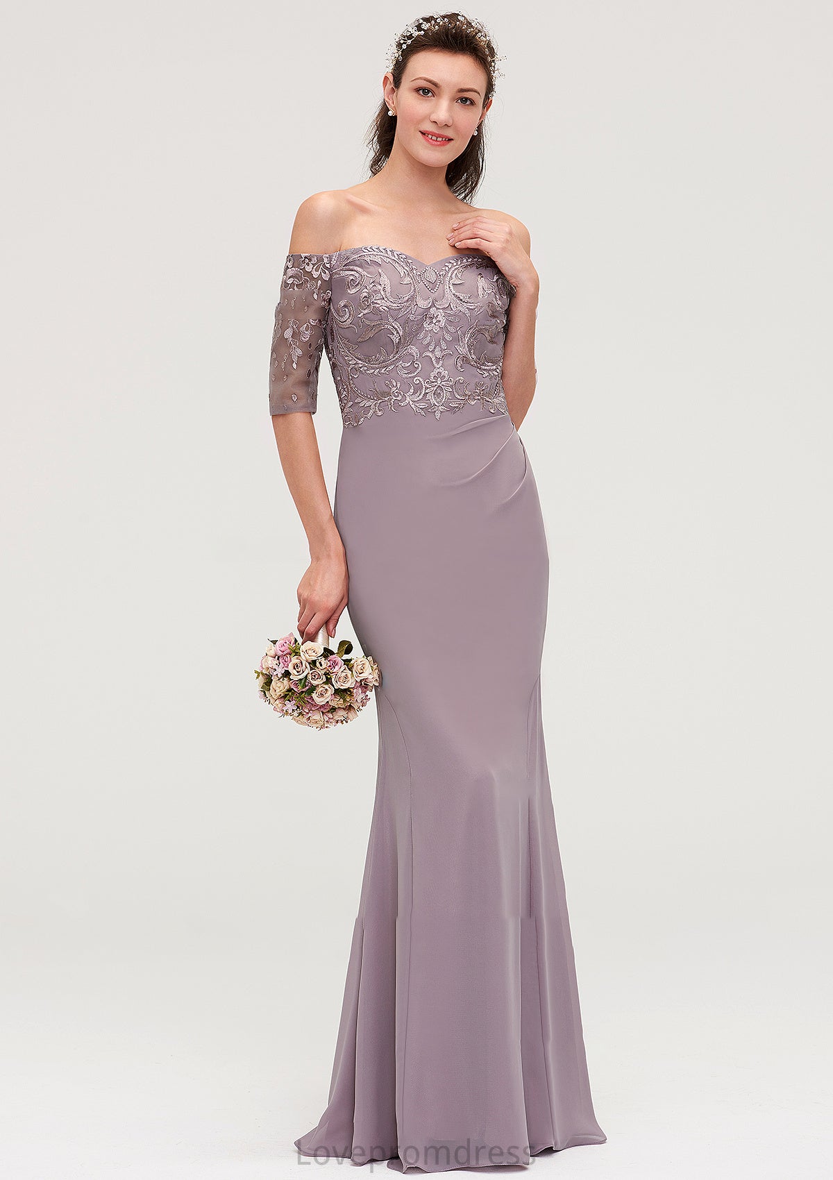 Off-the-Shoulder Half Sleeve Sheath/Column Long/Floor-Length Chiffon Bridesmaid Dresseses With Appliqued Frida DYP0025458