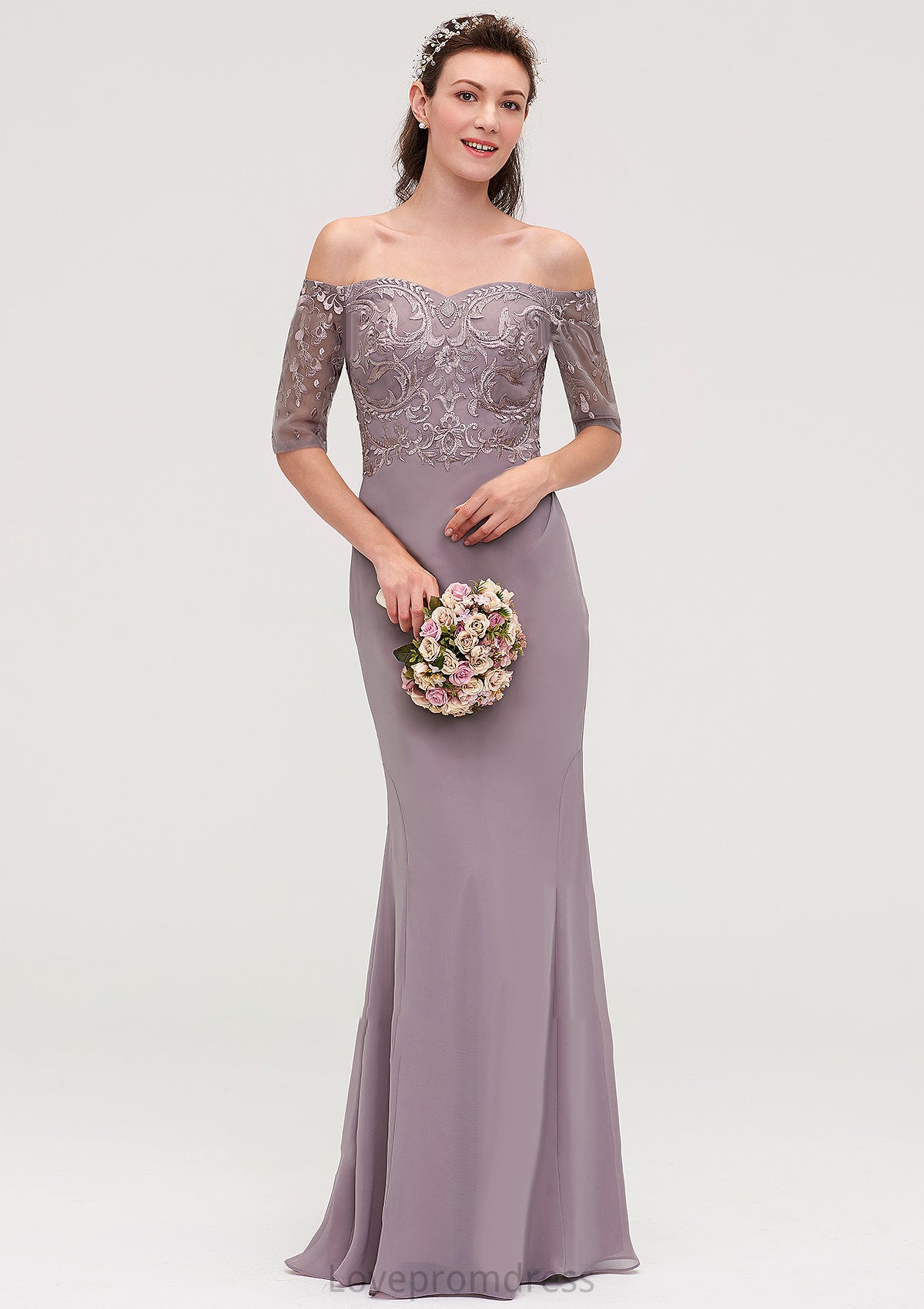 Off-the-Shoulder Half Sleeve Sheath/Column Long/Floor-Length Chiffon Bridesmaid Dresseses With Appliqued Frida DYP0025458