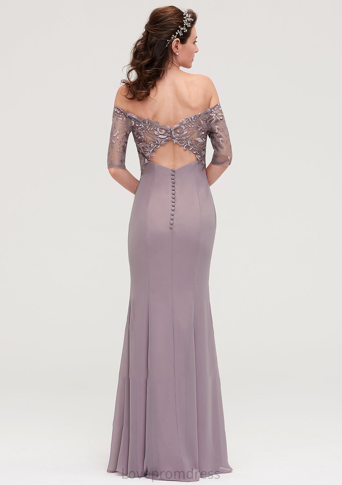 Off-the-Shoulder Half Sleeve Sheath/Column Long/Floor-Length Chiffon Bridesmaid Dresseses With Appliqued Frida DYP0025458