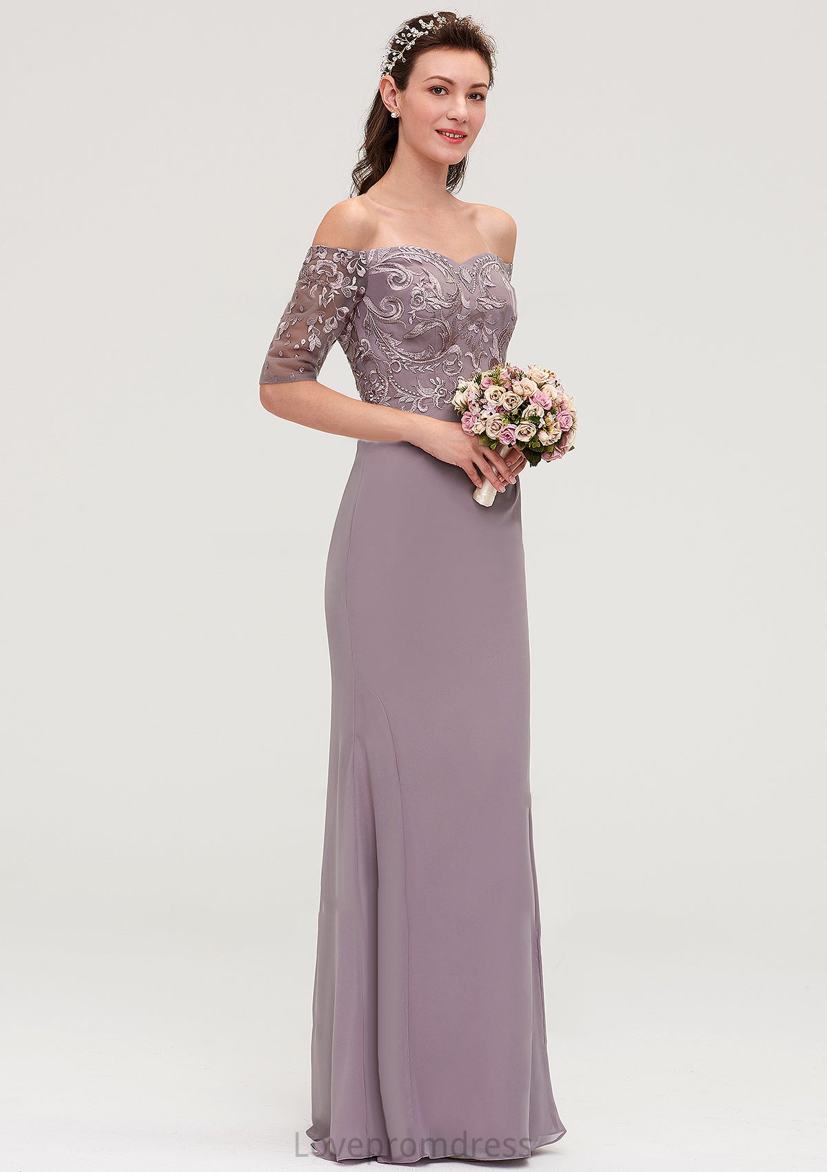 Off-the-Shoulder Half Sleeve Sheath/Column Long/Floor-Length Chiffon Bridesmaid Dresseses With Appliqued Frida DYP0025458