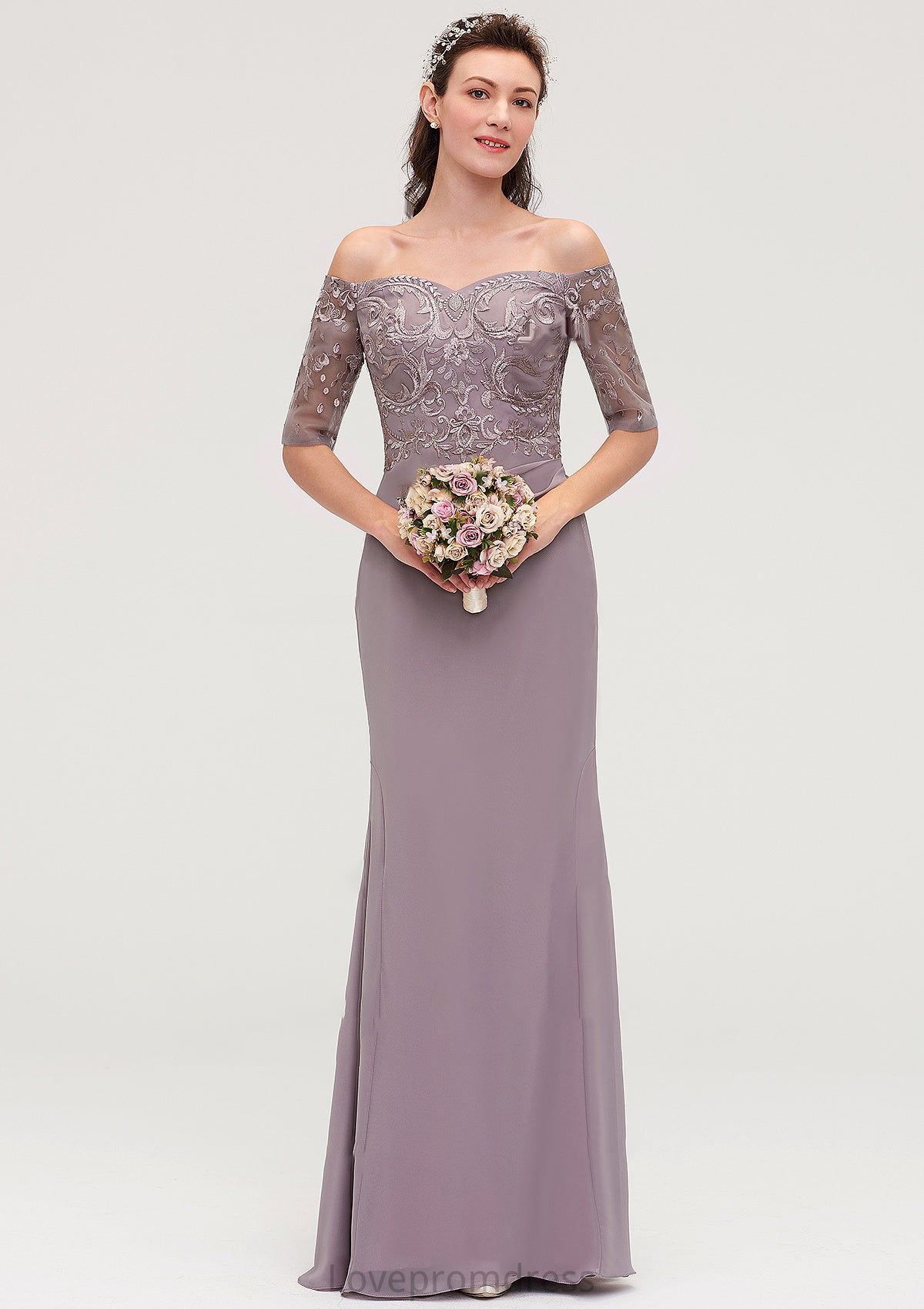 Off-the-Shoulder Half Sleeve Sheath/Column Long/Floor-Length Chiffon Bridesmaid Dresseses With Appliqued Frida DYP0025458