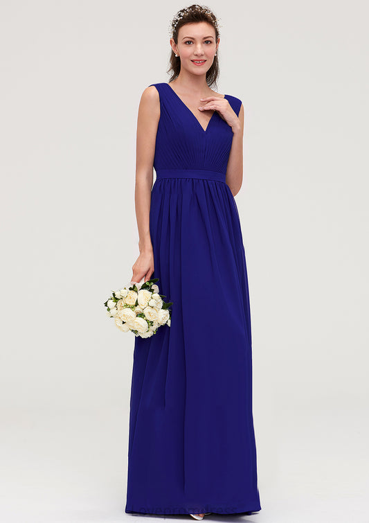 Sleeveless V Neck Chiffon A-line/Princess Long/Floor-Length Bridesmaid Dresseses With Pleated Evelin DYP0025459