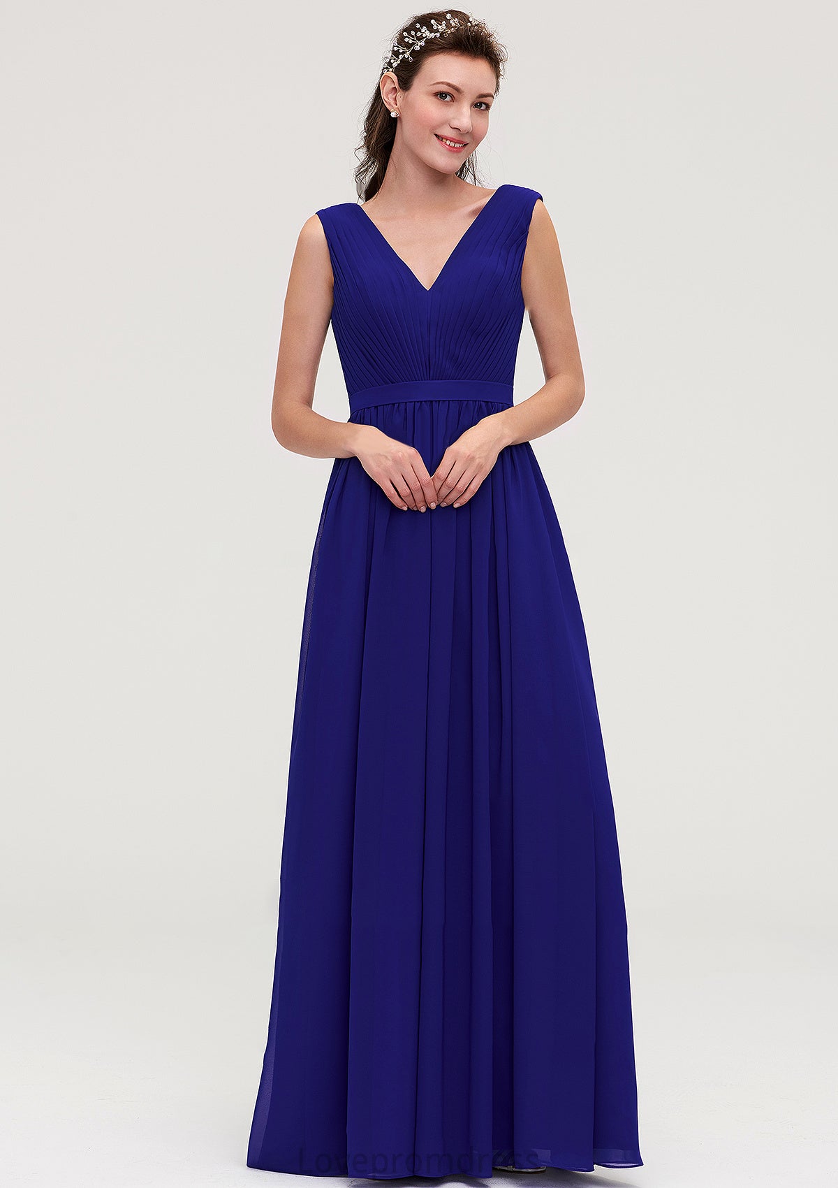 Sleeveless V Neck Chiffon A-line/Princess Long/Floor-Length Bridesmaid Dresseses With Pleated Evelin DYP0025459