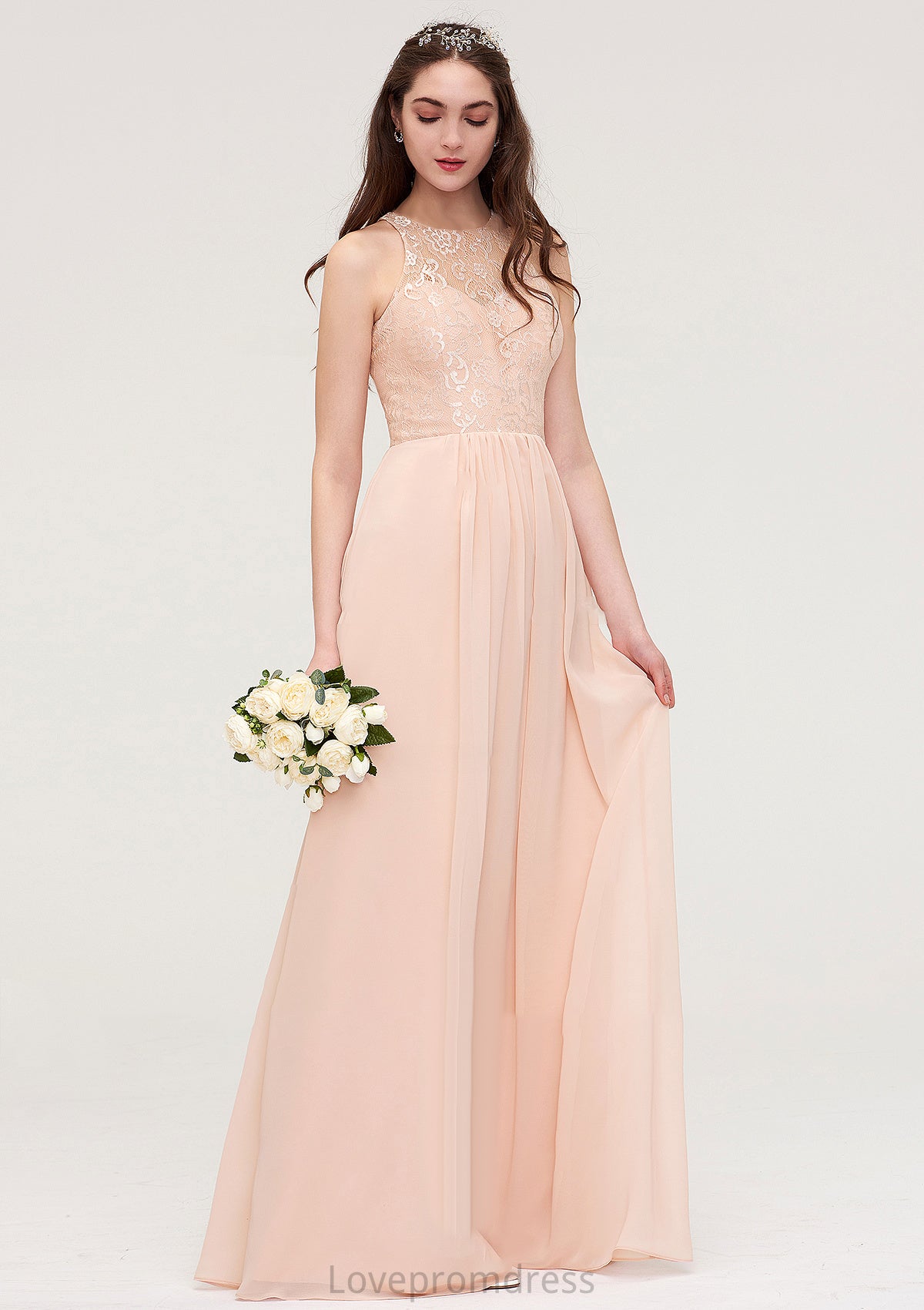 Bateau Sleeveless Long/Floor-Length Chiffon A-line/Princess Bridesmaid Dresses With Lace Pleated Layla DYP0025464