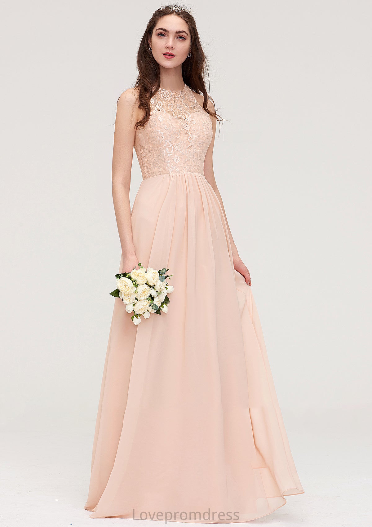 Bateau Sleeveless Long/Floor-Length Chiffon A-line/Princess Bridesmaid Dresses With Lace Pleated Layla DYP0025464