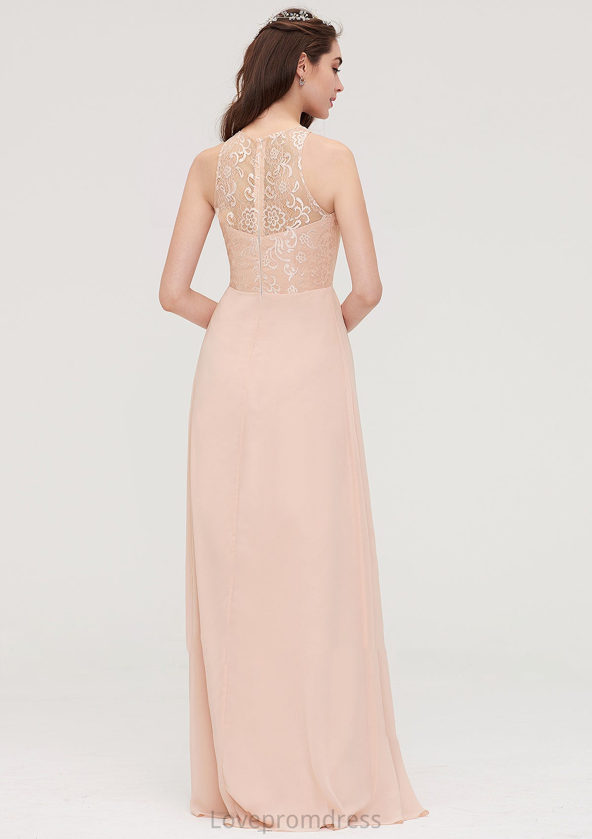 Bateau Sleeveless Long/Floor-Length Chiffon A-line/Princess Bridesmaid Dresses With Lace Pleated Layla DYP0025464