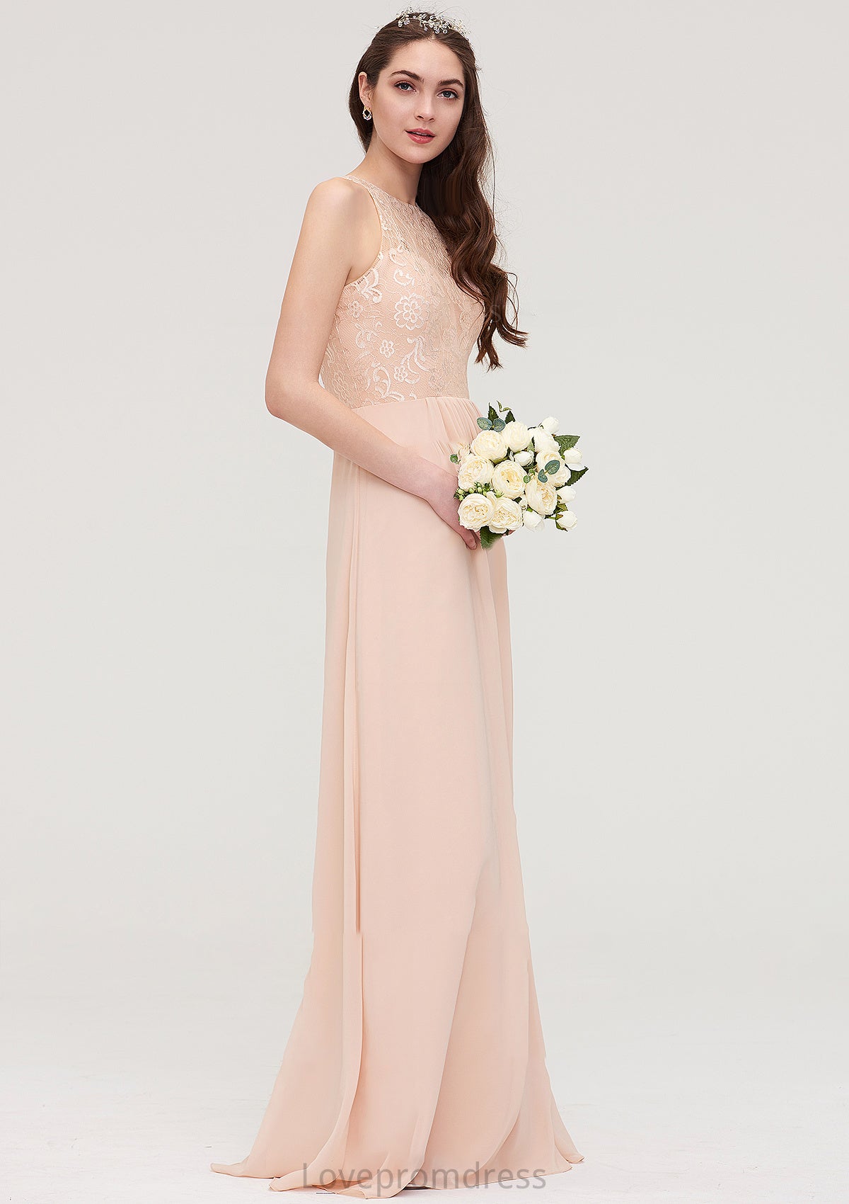 Bateau Sleeveless Long/Floor-Length Chiffon A-line/Princess Bridesmaid Dresses With Lace Pleated Layla DYP0025464