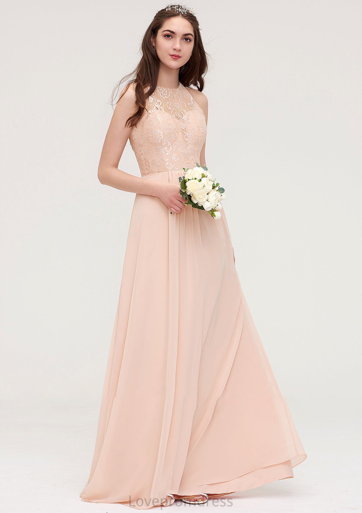 Bateau Sleeveless Long/Floor-Length Chiffon A-line/Princess Bridesmaid Dresses With Lace Pleated Layla DYP0025464