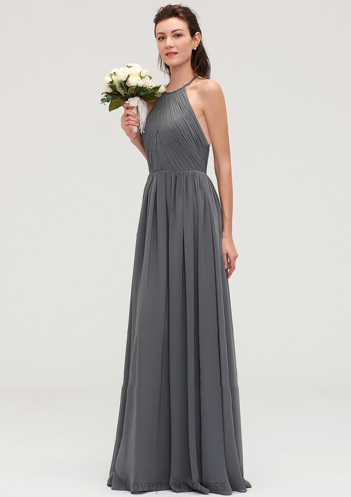 Sleeveless Halter Chiffon A-line/Princess Long/Floor-Length Bridesmaid Dresseses With Pleated Evelyn DYP0025466