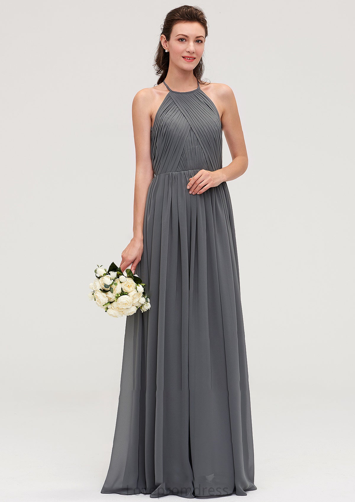 Sleeveless Halter Chiffon A-line/Princess Long/Floor-Length Bridesmaid Dresseses With Pleated Evelyn DYP0025466