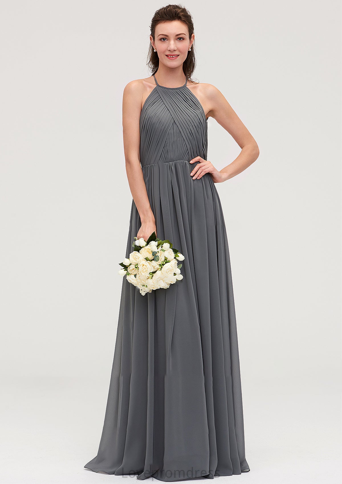 Sleeveless Halter Chiffon A-line/Princess Long/Floor-Length Bridesmaid Dresseses With Pleated Evelyn DYP0025466