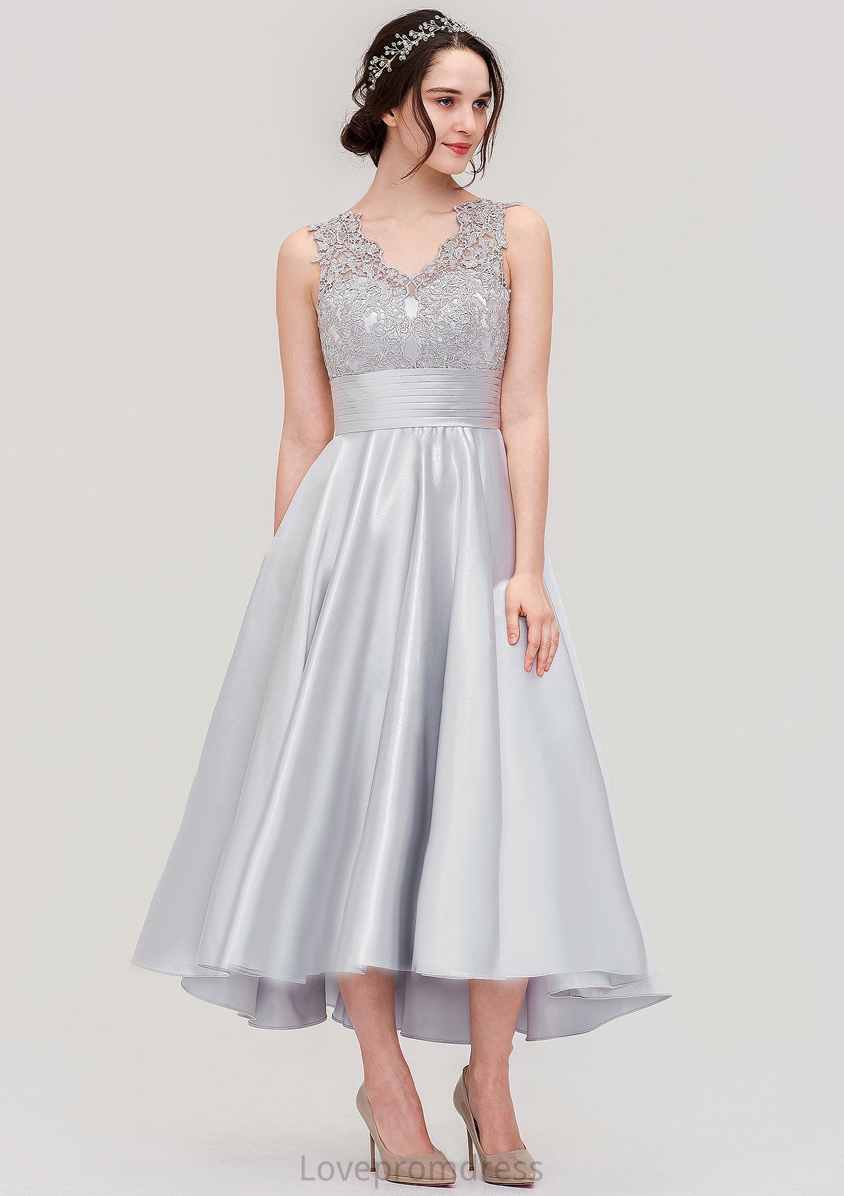 Sleeveless V Neck Asymmetrical Satin A-line/Princess Bridesmaid Dresses With Pleated Lace Belinda DYP0025468