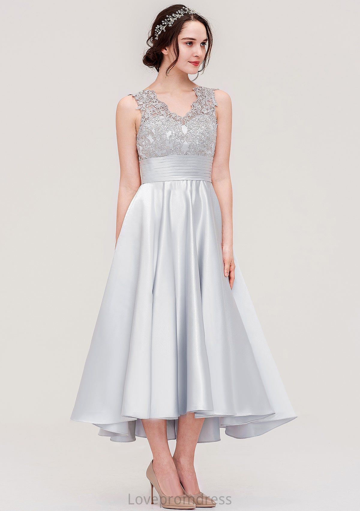 Sleeveless V Neck Asymmetrical Satin A-line/Princess Bridesmaid Dresses With Pleated Lace Belinda DYP0025468