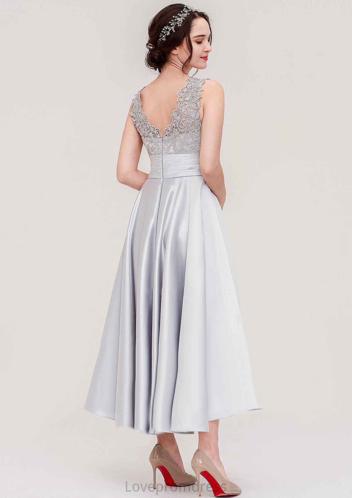 Sleeveless V Neck Asymmetrical Satin A-line/Princess Bridesmaid Dresses With Pleated Lace Belinda DYP0025468