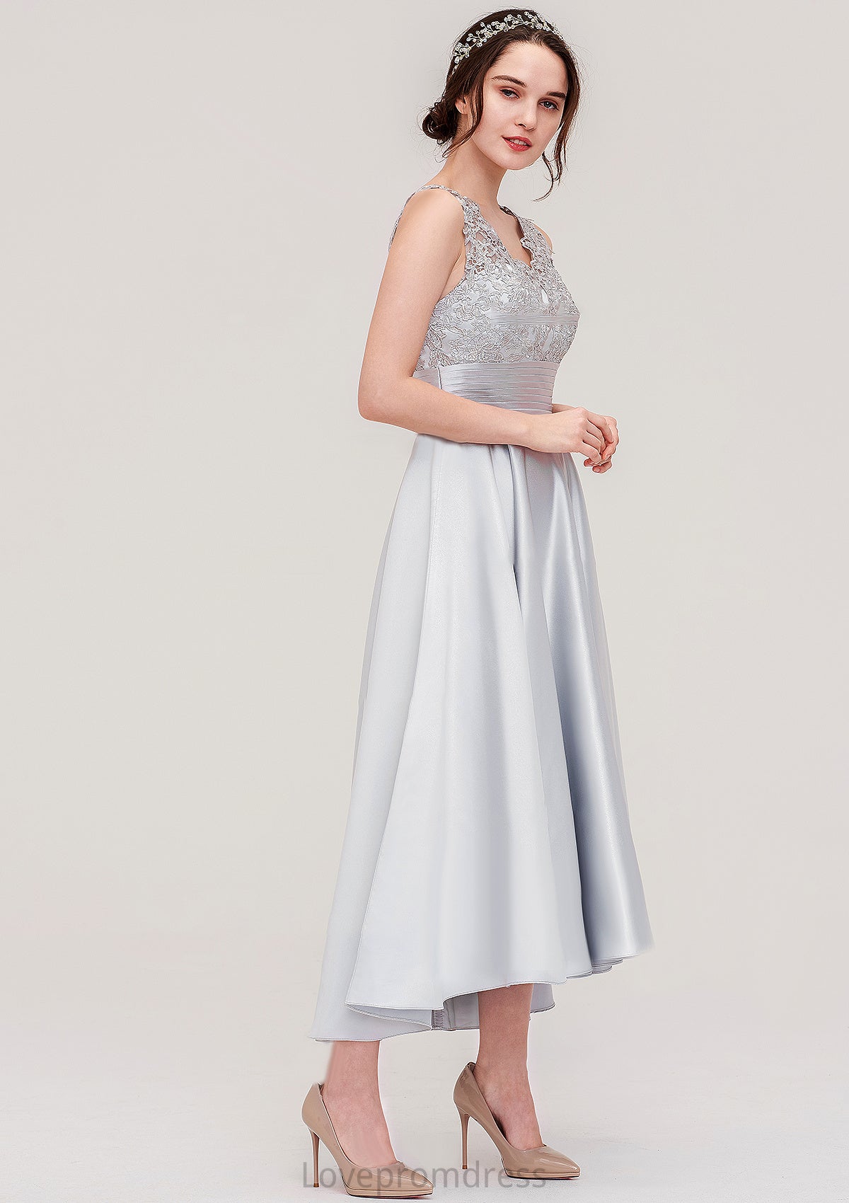 Sleeveless V Neck Asymmetrical Satin A-line/Princess Bridesmaid Dresses With Pleated Lace Belinda DYP0025468