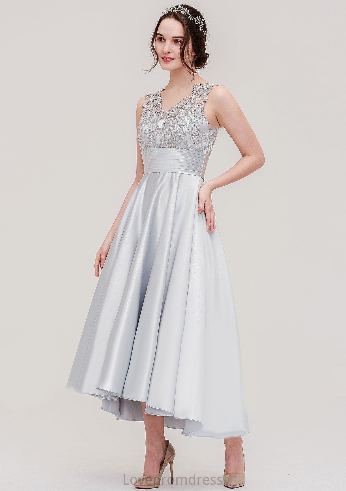 Sleeveless V Neck Asymmetrical Satin A-line/Princess Bridesmaid Dresses With Pleated Lace Belinda DYP0025468