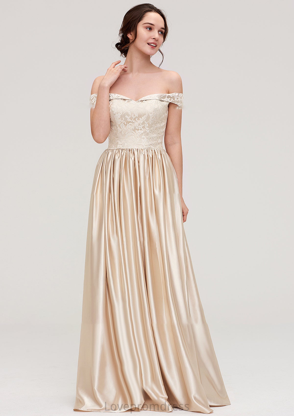 Off-the-Shoulder SleevelessA-line/Princess Charmeuse  Long/Floor-Length Bridesmaid Dresses With Appliqued Lacey DYP0025469