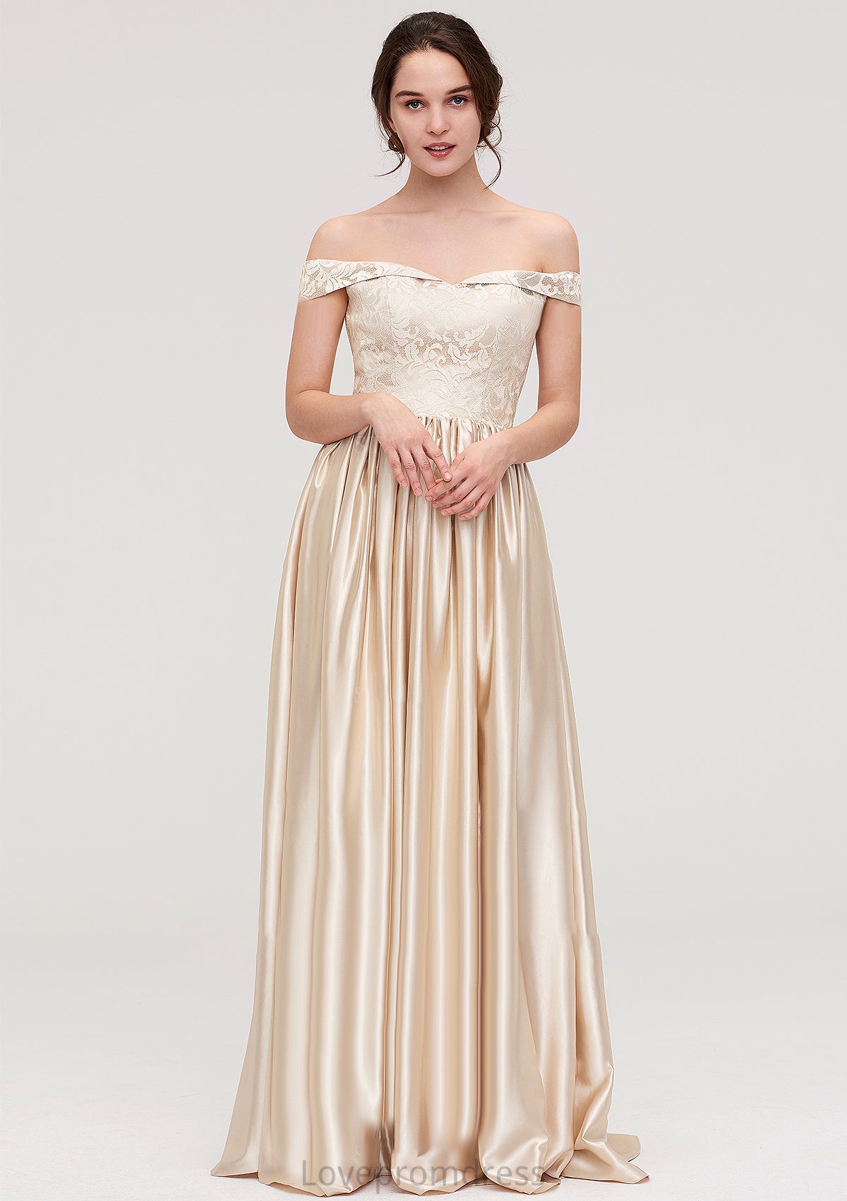 Off-the-Shoulder SleevelessA-line/Princess Charmeuse  Long/Floor-Length Bridesmaid Dresses With Appliqued Lacey DYP0025469