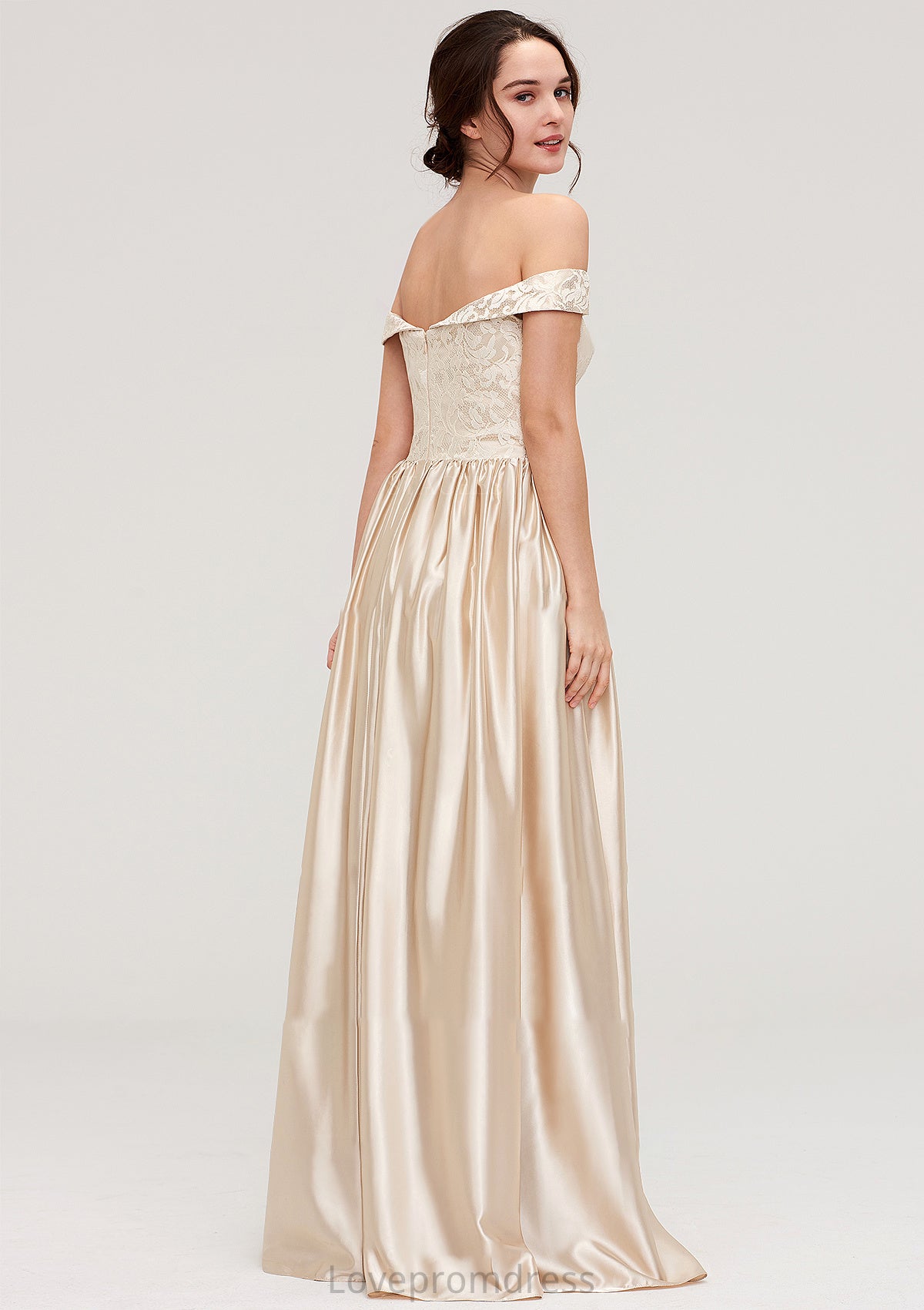 Off-the-Shoulder SleevelessA-line/Princess Charmeuse  Long/Floor-Length Bridesmaid Dresses With Appliqued Lacey DYP0025469