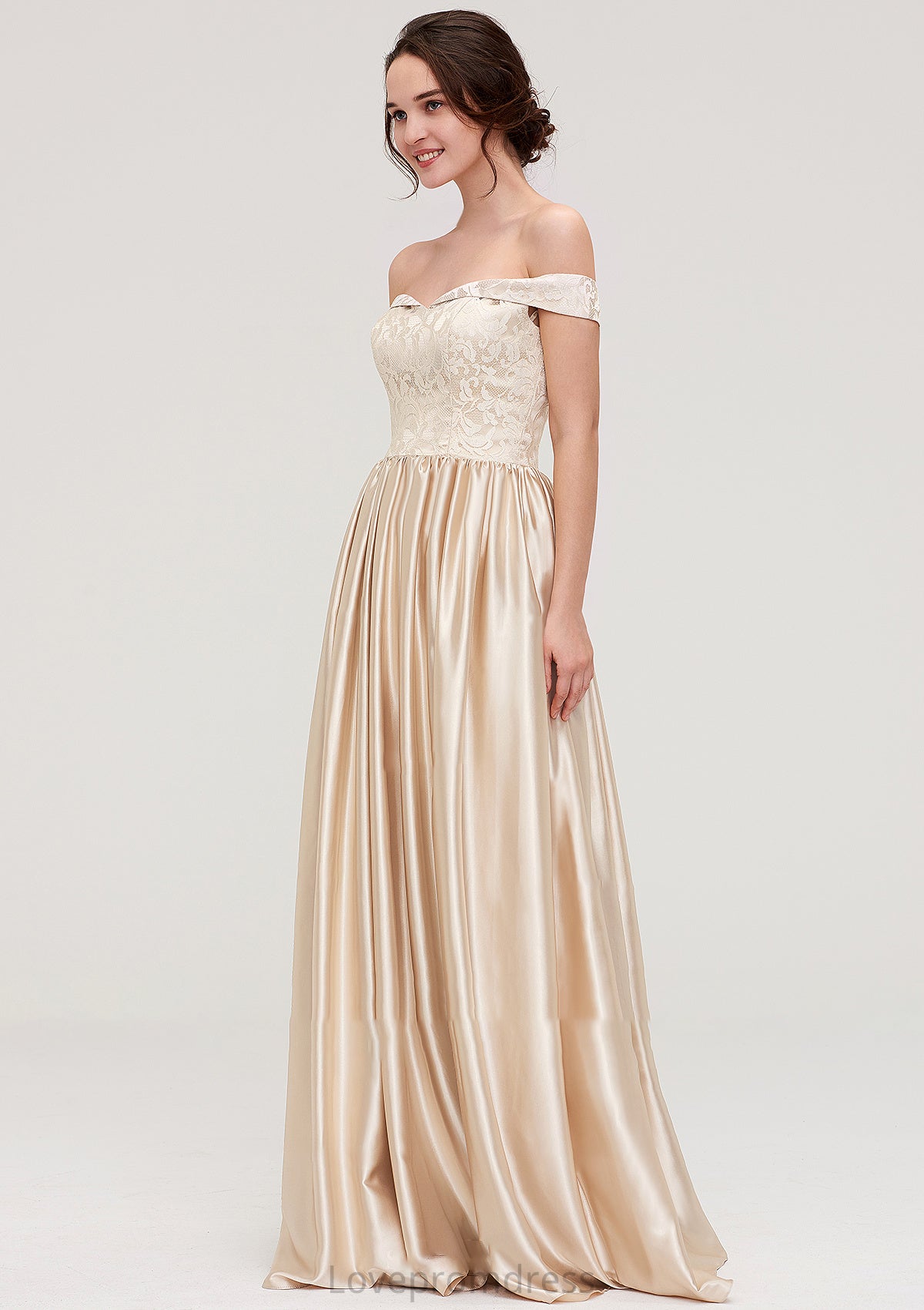 Off-the-Shoulder SleevelessA-line/Princess Charmeuse  Long/Floor-Length Bridesmaid Dresses With Appliqued Lacey DYP0025469