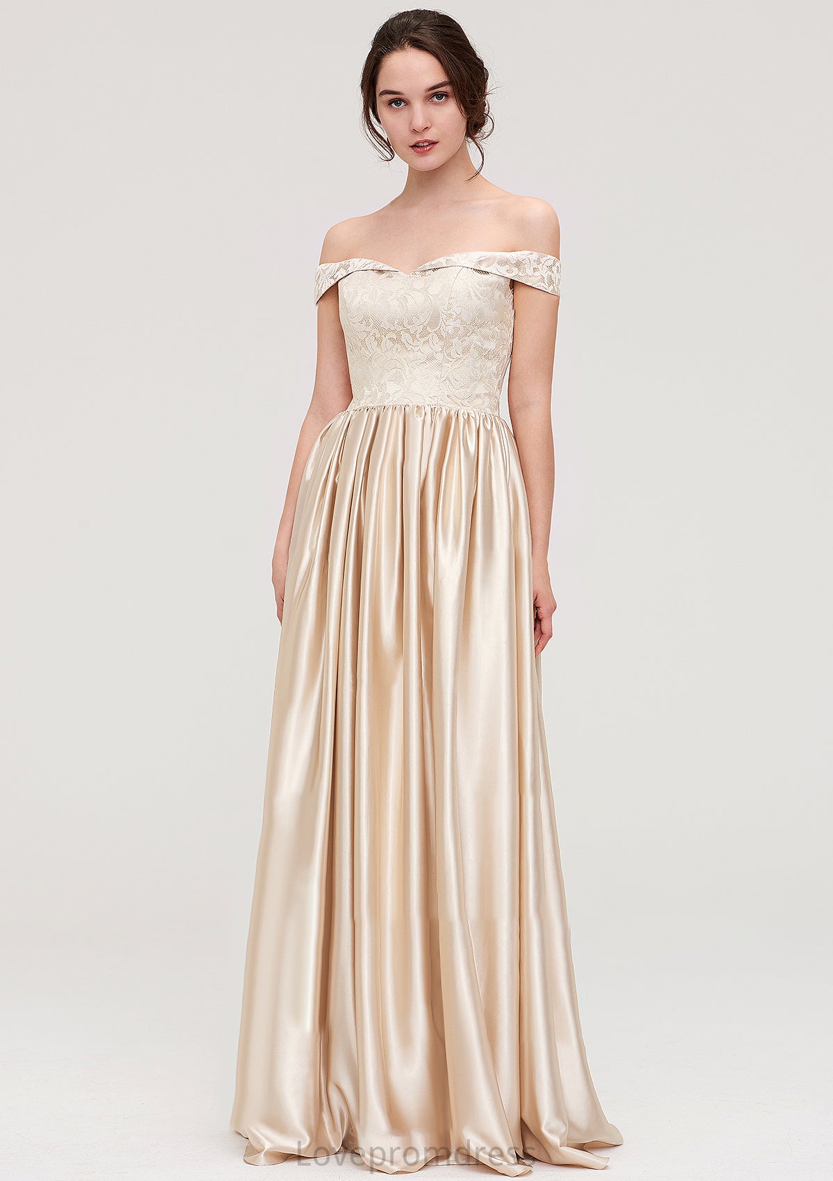 Off-the-Shoulder SleevelessA-line/Princess Charmeuse  Long/Floor-Length Bridesmaid Dresses With Appliqued Lacey DYP0025469