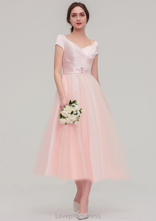 Sweetheart Short Sleeve Tea-Length Tulle A-line/Princess Bridesmaid Dresses With Waistband Beading Pleated Mackenzie DYP0025473