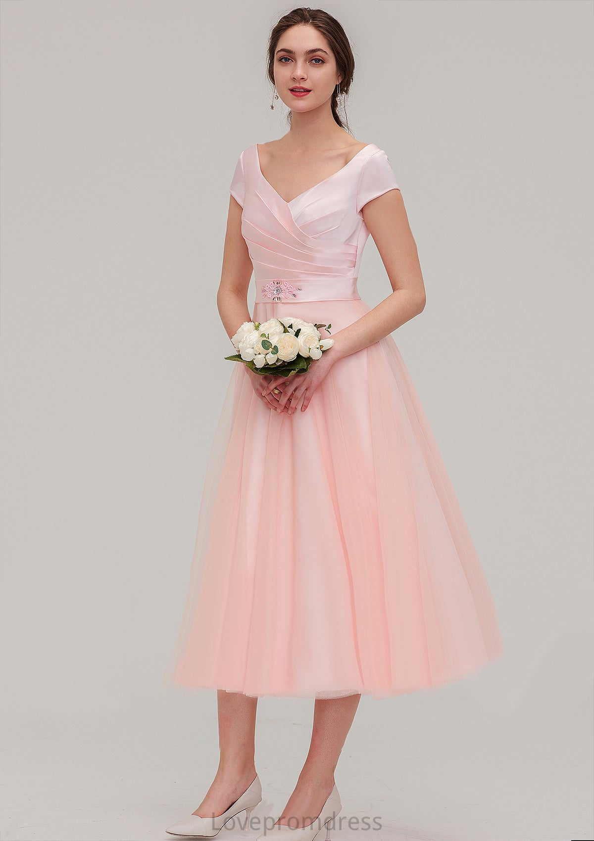 Sweetheart Short Sleeve Tea-Length Tulle A-line/Princess Bridesmaid Dresses With Waistband Beading Pleated Mackenzie DYP0025473