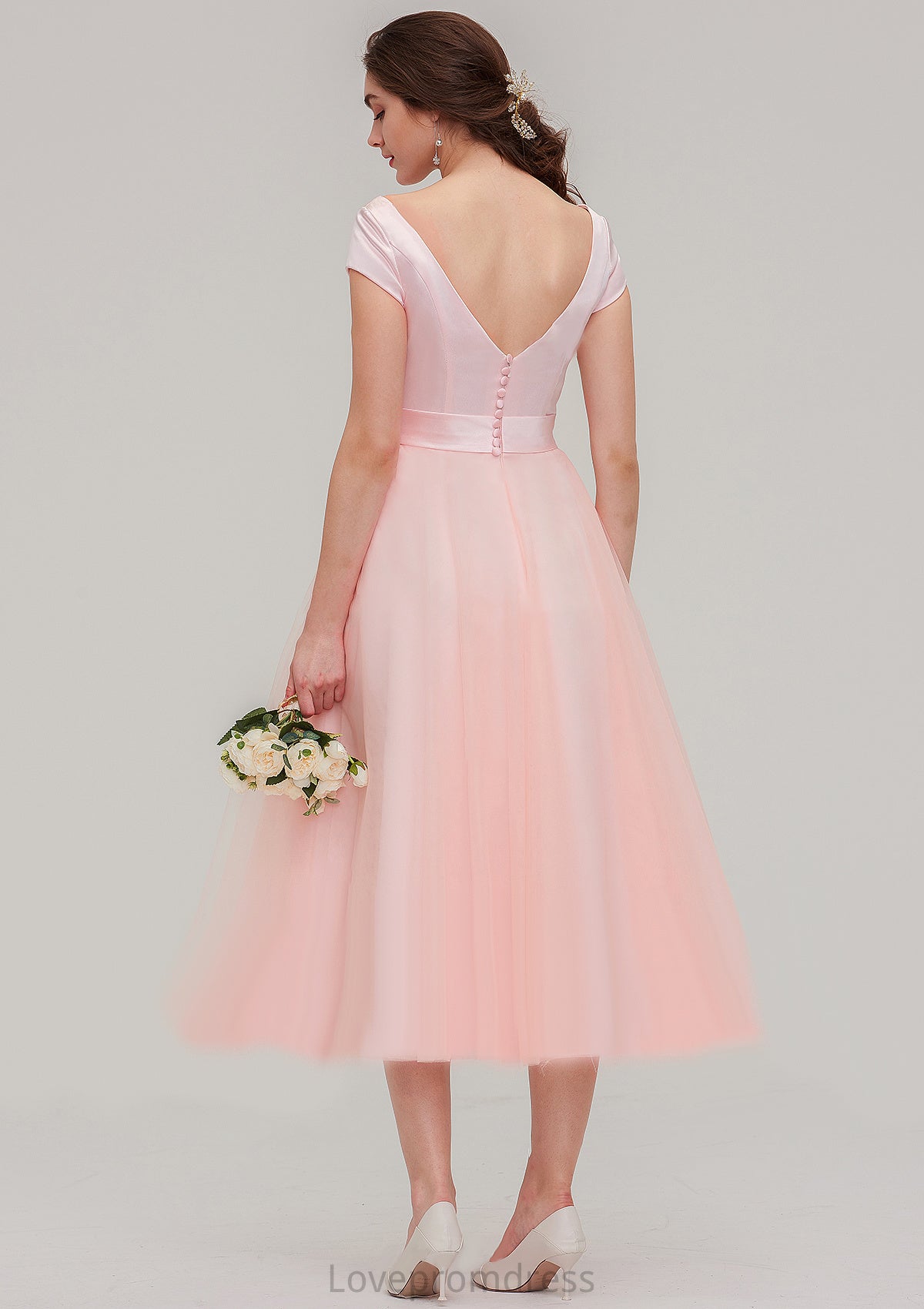 Sweetheart Short Sleeve Tea-Length Tulle A-line/Princess Bridesmaid Dresses With Waistband Beading Pleated Mackenzie DYP0025473