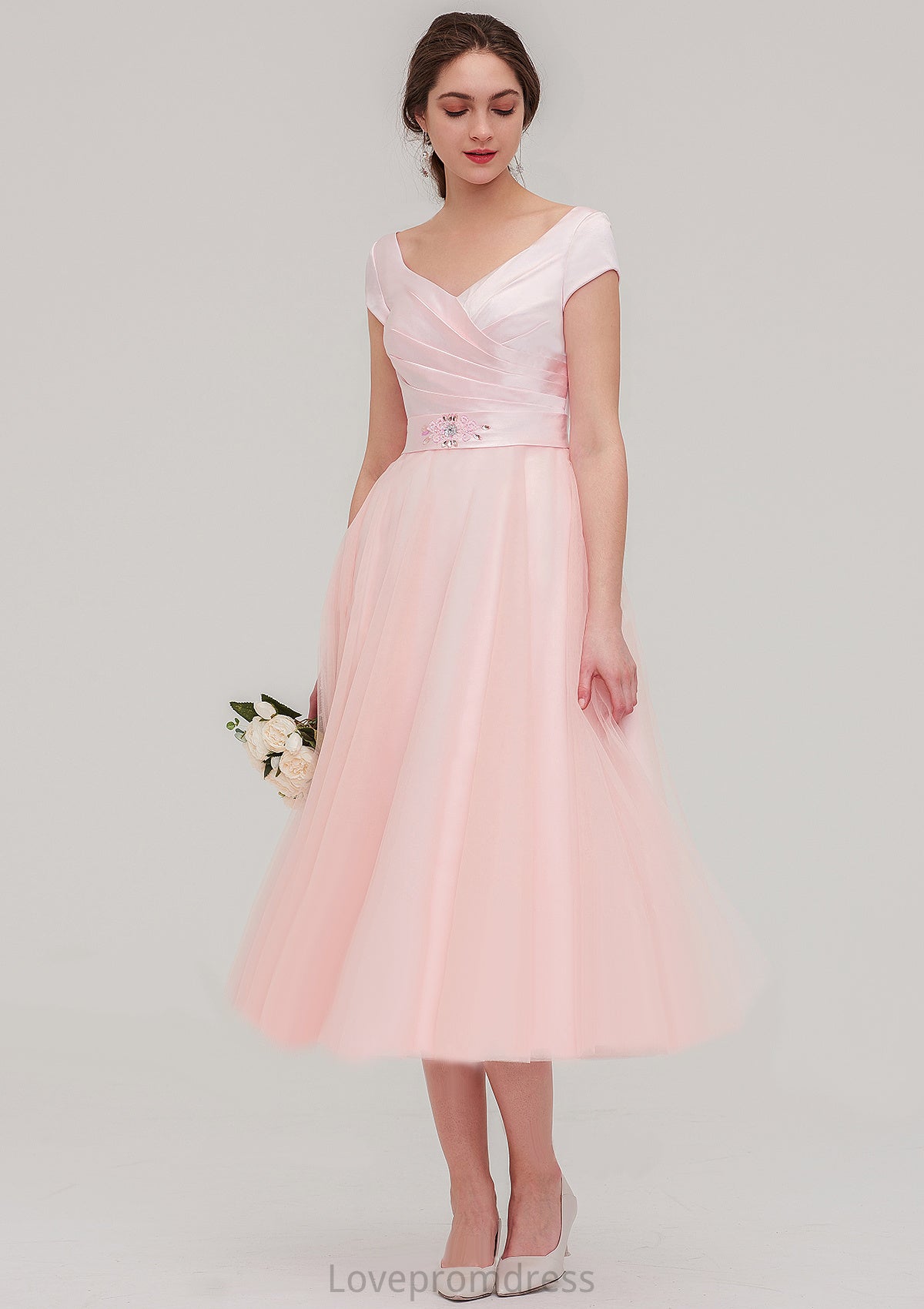 Sweetheart Short Sleeve Tea-Length Tulle A-line/Princess Bridesmaid Dresses With Waistband Beading Pleated Mackenzie DYP0025473