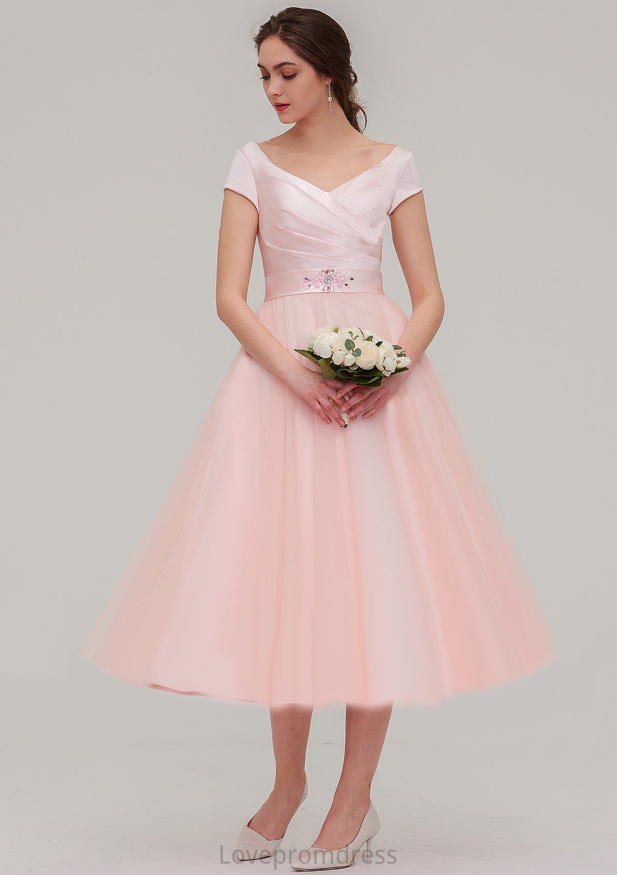 Sweetheart Short Sleeve Tea-Length Tulle A-line/Princess Bridesmaid Dresses With Waistband Beading Pleated Mackenzie DYP0025473