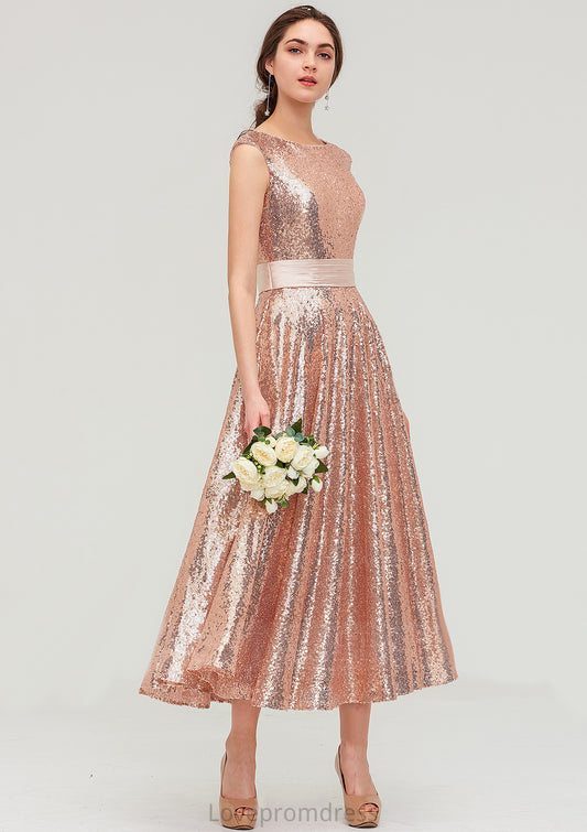 Bateau Sleeveless Tea-Length Sequined A-line/Princess Bridesmaid Dresses With Sashes Finley DYP0025474