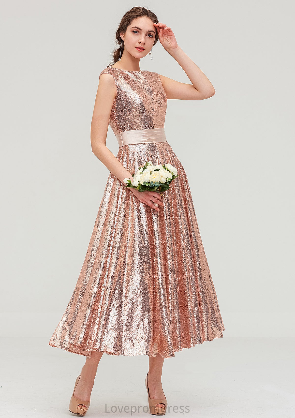 Bateau Sleeveless Tea-Length Sequined A-line/Princess Bridesmaid Dresses With Sashes Finley DYP0025474