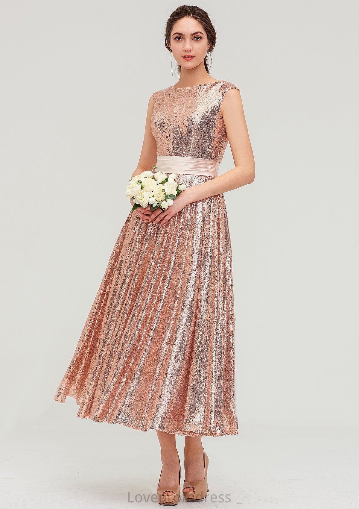 Bateau Sleeveless Tea-Length Sequined A-line/Princess Bridesmaid Dresses With Sashes Finley DYP0025474