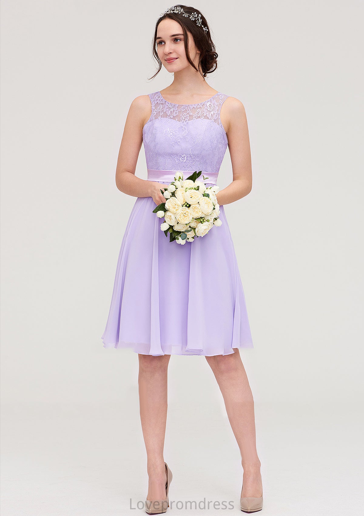 Sleeveless Knee-Length Chiffon A-line/Princess Bridesmaid Dresses With Sashes Lace Bailey DYP0025481