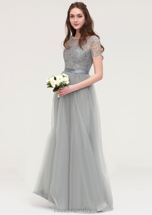 Bateau Short Sleeve Long/Floor-Length Tulle A-line/Princess Bridesmaid Dresses With Sashes Lace Jaidyn DYP0025482