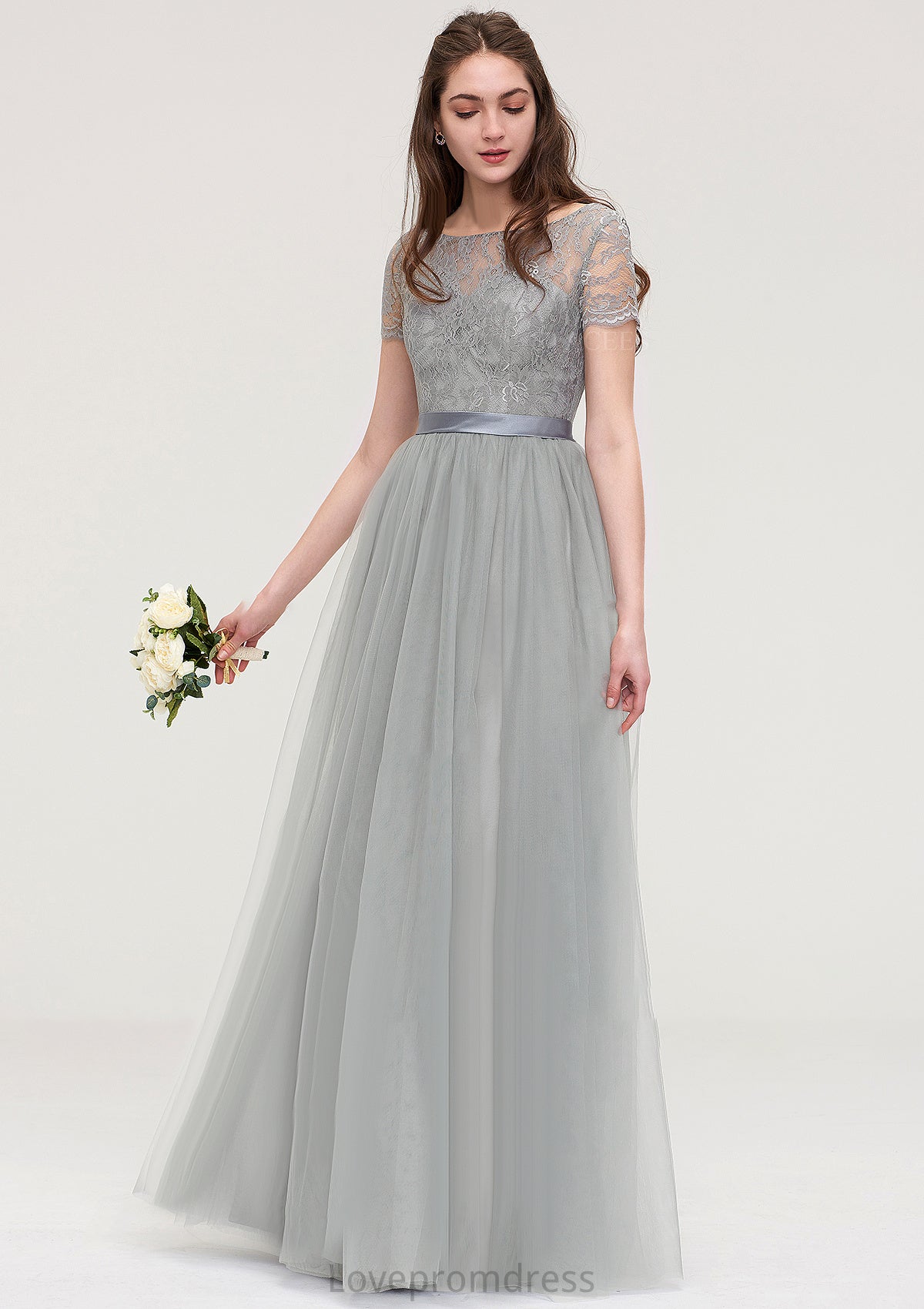 Bateau Short Sleeve Long/Floor-Length Tulle A-line/Princess Bridesmaid Dresses With Sashes Lace Jaidyn DYP0025482