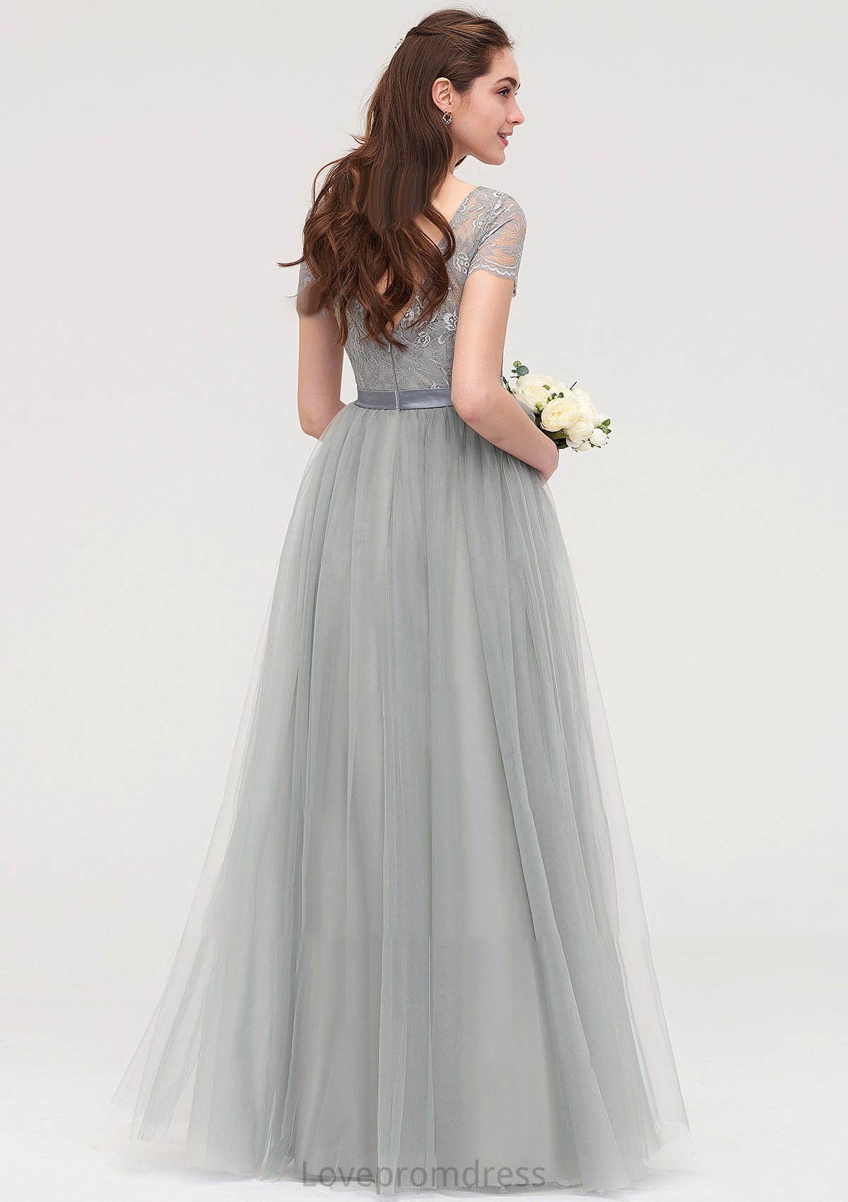 Bateau Short Sleeve Long/Floor-Length Tulle A-line/Princess Bridesmaid Dresses With Sashes Lace Jaidyn DYP0025482