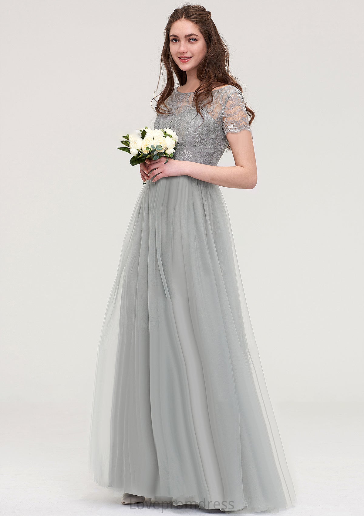 Bateau Short Sleeve Long/Floor-Length Tulle A-line/Princess Bridesmaid Dresses With Sashes Lace Jaidyn DYP0025482