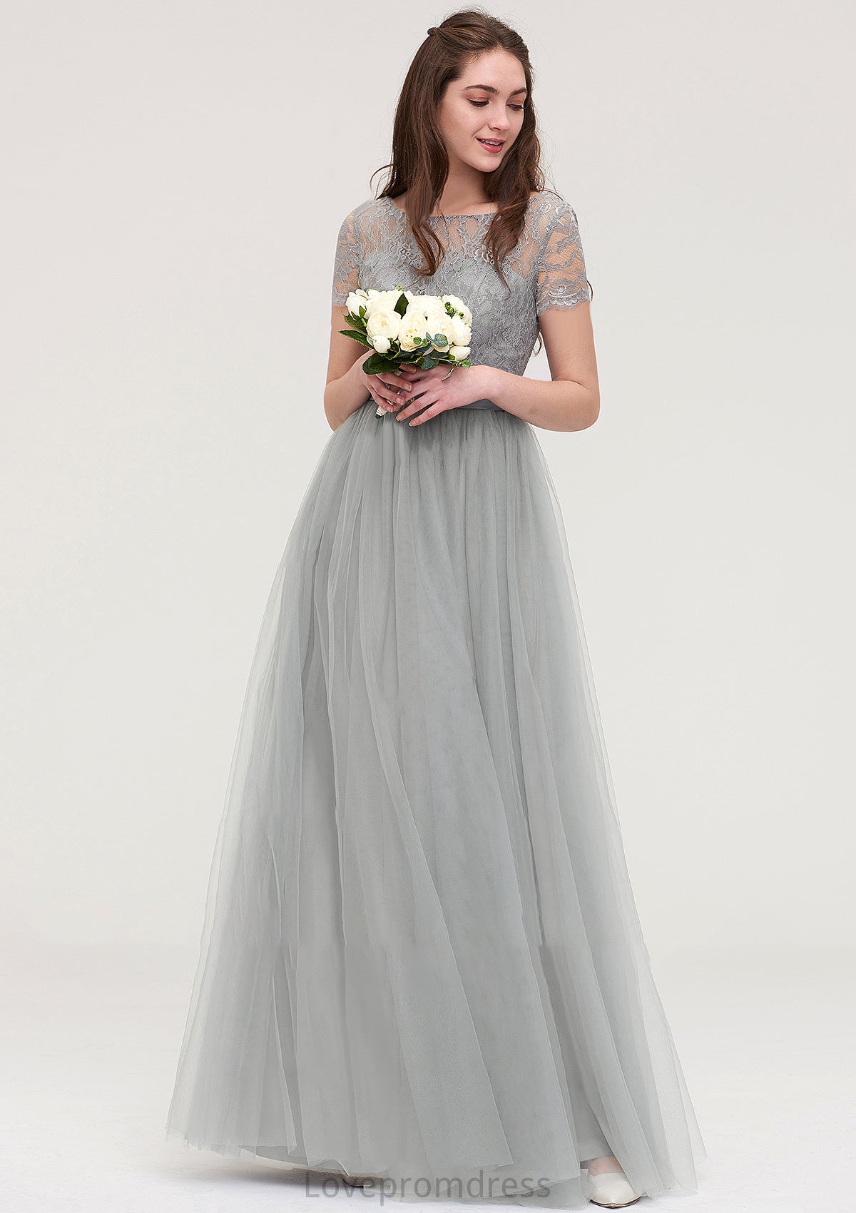 Bateau Short Sleeve Long/Floor-Length Tulle A-line/Princess Bridesmaid Dresses With Sashes Lace Jaidyn DYP0025482